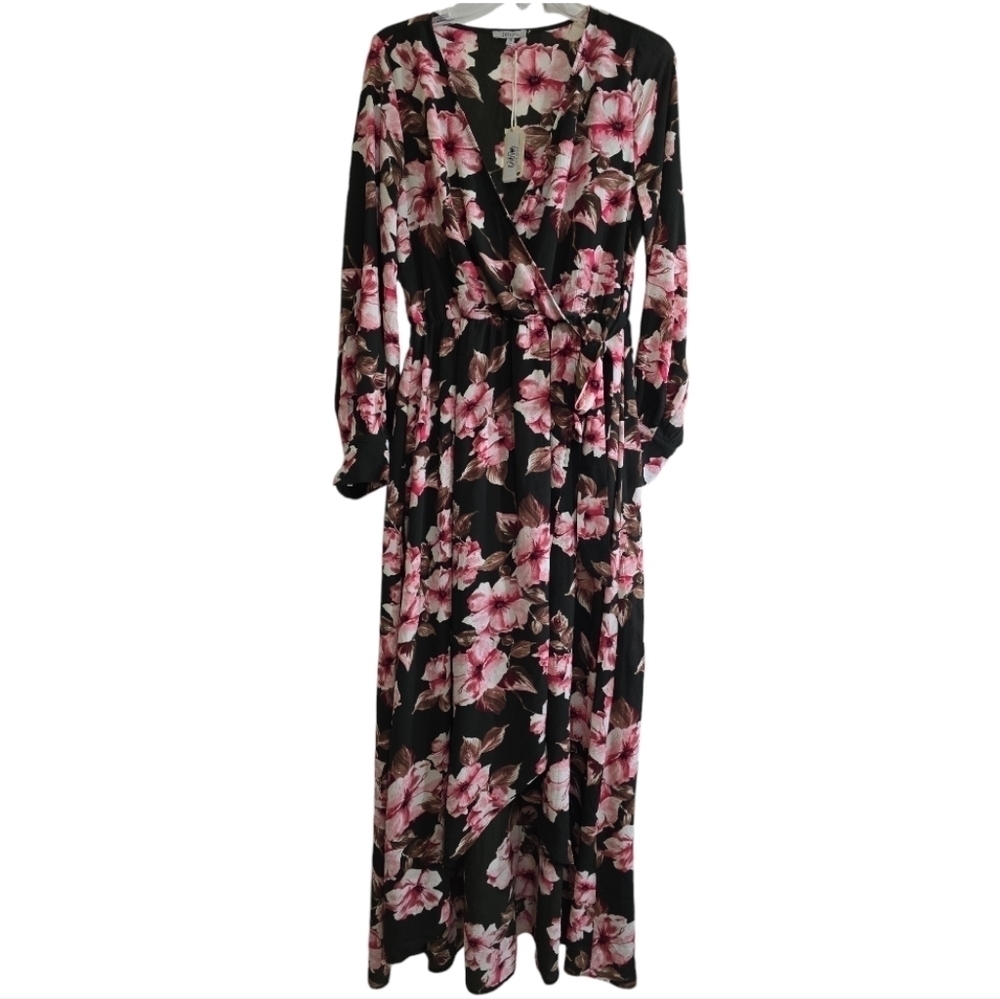 NWT Jodifl Dark Olive Surplice Neckline Tie Waist Maxi Dress Medium Pink Floral